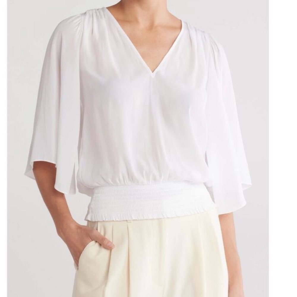 Ramy Brook Elexa White VNeck Blouse Top Smocked Elastic Waist Flutter Sleeves XS